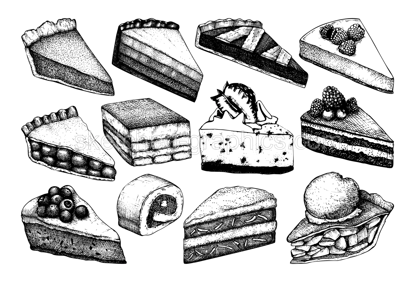 Digital vector detailed line art sliced cake and cupcakes hand drawn retro illustration collection. Thin artistic pencil outline. Vintage ink flat, engraved design doodle sketches Illustration